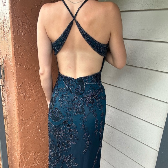 Mia Bella Long Dress Gown With Sequence Beading Spaghetti Strap Cross Low Back - Picture 2 of 8